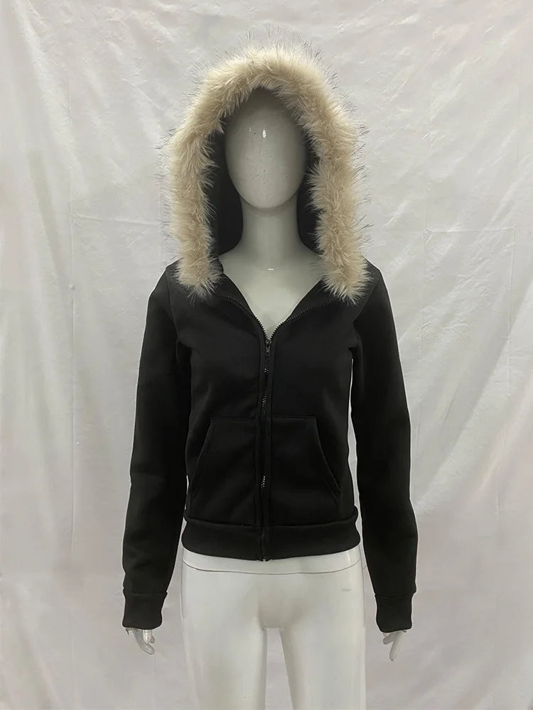 Y2K Harajuku Gothic frauen Hoodie Sexy Schlank Chic Wildleder Pelz Kragen Brief Drucken Strickjacke Sweatshirt Weibliche Streetwear So ist Leben