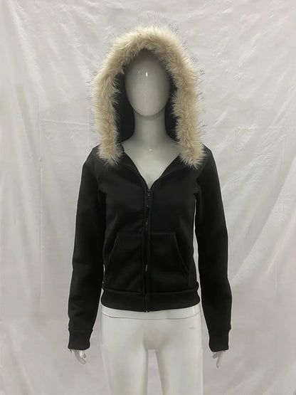 Y2K Harajuku Gothic frauen Hoodie Sexy Schlank Chic Wildleder Pelz Kragen Brief Drucken Strickjacke Sweatshirt Weibliche Streetwear So ist Leben
