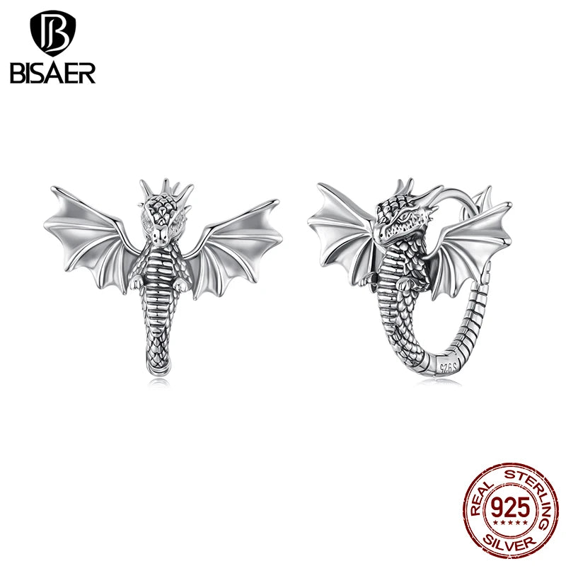 BISAER Echt 925 Sterling Silber Fliegender Drache Creolen Retro 3D Drachen Ohr Haken für Punk Hip Hop Frauen Party Edlen schmuck So ist Leben