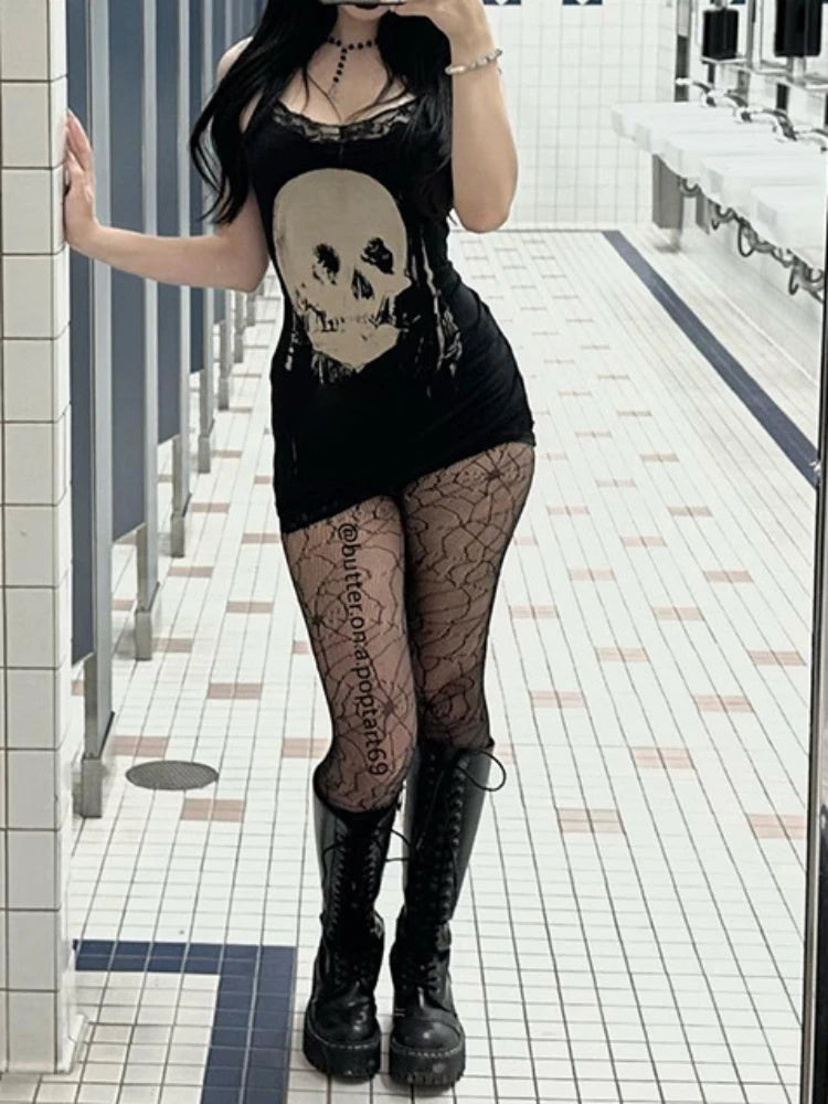 2024 neue Retro Punk Gothic Kleid Frauen Streetwear Harajuku Schädel gedruckt ärmellose hohe Taille Bodycon Kleid Grunge Rave Outfits So ist Leben