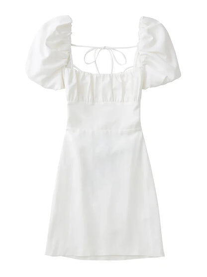 Frauen weiße Mode Leinen mischung Kleid weibliche quadratische Hals kurze Puff ärmel rücken freie Crossover-Träger Kleid für Frauen So ist Leben