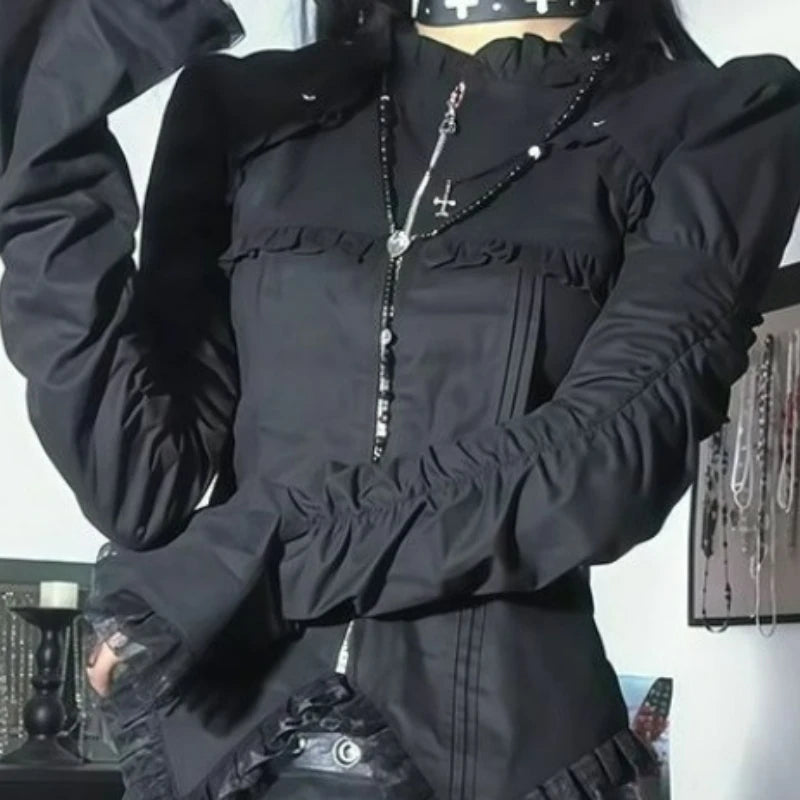 Japanischer Gothic-Lolita-Stil Rock-Sets für Damen, Vintage-Flare-Ärmel, schmales Hemd, dunkler Druck, plissierte Miniröcke, Y2K-Outfits für Frauen So ist Leben