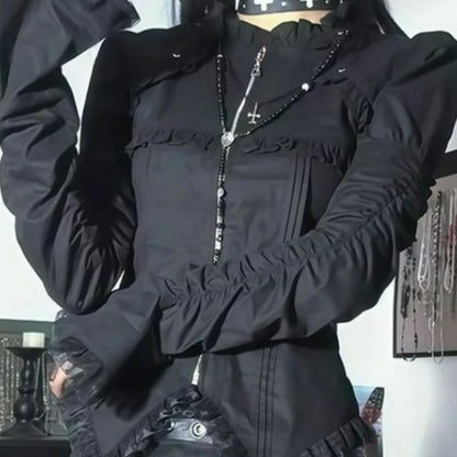 Japanischer Gothic-Lolita-Stil Rock-Sets für Damen, Vintage-Flare-Ärmel, schmales Hemd, dunkler Druck, plissierte Miniröcke, Y2K-Outfits für Frauen So ist Leben