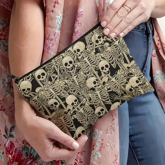 Gruselige Skelett-Tanz-Make-up-Tasche – große Geldbörse und Federmäppchen, Unisex-Halloween-Geschenk mit schwarzem und goldenem Skelett-Design So ist Leben
