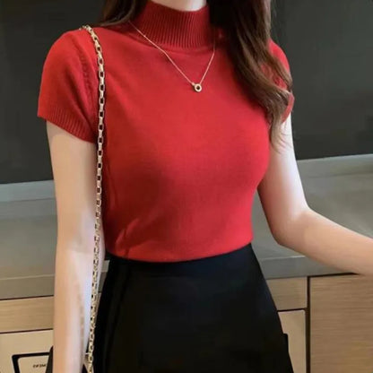 2025, mode Frau Pullover Kurzarm Herbst Tops Frauen Rollkragen Gestrickte Pullover Koreanischen Stil Elegante Feste Dünne Tops So ist Leben
