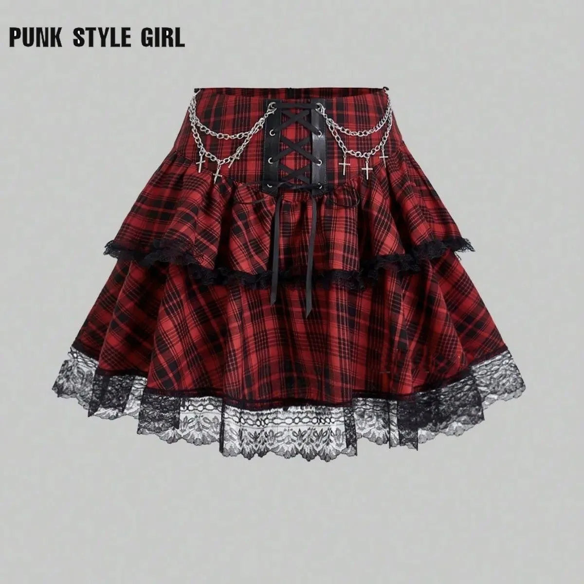 Plaid Print Subkulturen Punk Rock Y2k Mini Rock Hohe Taille Rüschen Kuchen Spitze Up Harajuku Gothic 2000er Jahre Ballkleid röcke für Frauen So ist Leben