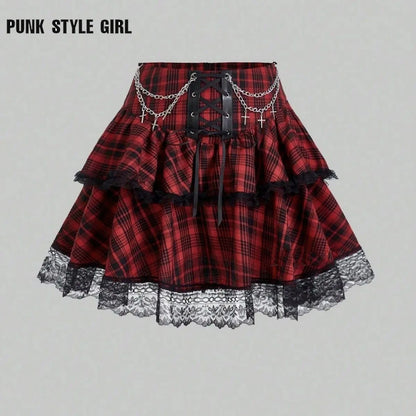 Plaid Print Subkulturen Punk Rock Y2k Mini Rock Hohe Taille Rüschen Kuchen Spitze Up Harajuku Gothic 2000er Jahre Ballkleid röcke für Frauen So ist Leben