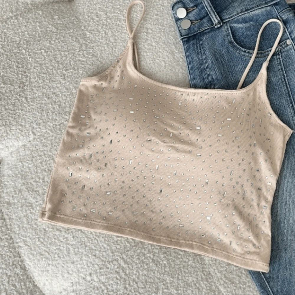 Baumwoll-Diamant-Verzierte Weste mit Gepolsterten Cups, Hochelastisches Pailletten-Camisole, Figurformende Einfarbige Weste, Party-Blusen So ist Leben