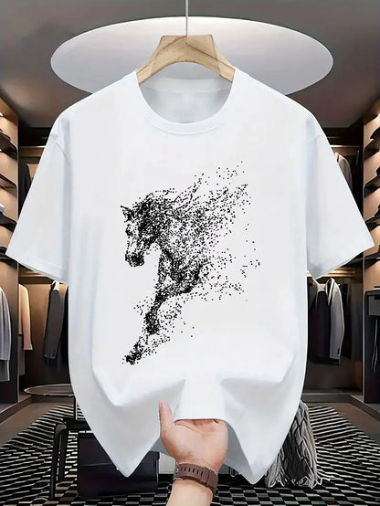 Abstrakter Partikel-Pferdesilhouetten-Druck auf hochwertigem, weichem Herren-T-Shirt aus 100 % Baumwolle, perfekt für Sommer-Streetwear und lässigen Stil So ist Leben