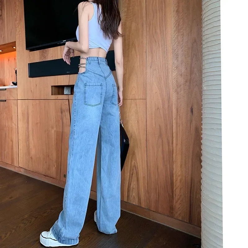 Gerade Jeans Frauen Hohe Taille Metall Dekoration Ketten Aushöhlen Stilvolle Sexy Streetwear Alle-spiel Koreanischen Stil Y2K Ulzzang BF So ist Leben