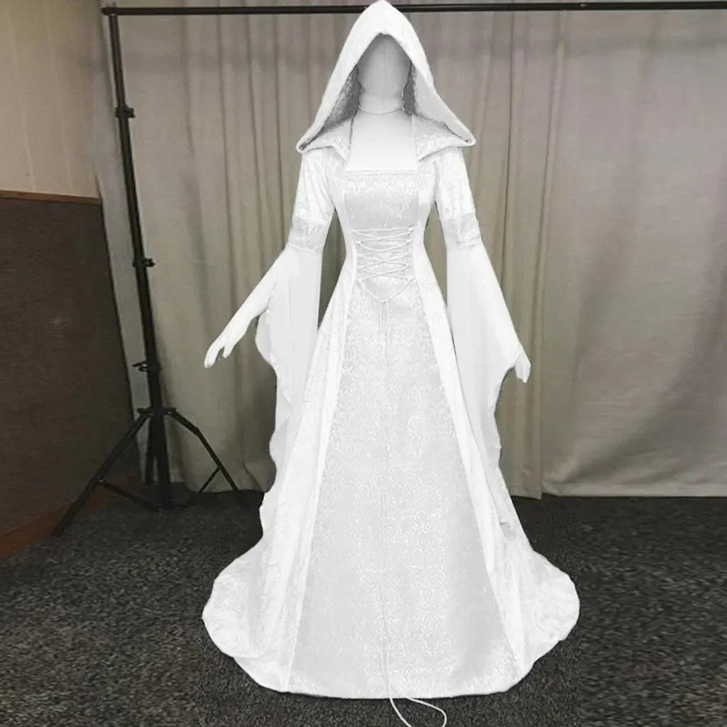 Frauen Deluxe Hexen kleid mittelalter liche Renaissance Maxi Zug Kleid Halloween Teufel heid nische Hexe Hochzeit cos Kostüm Kapuzen kleid Robe So ist Leben