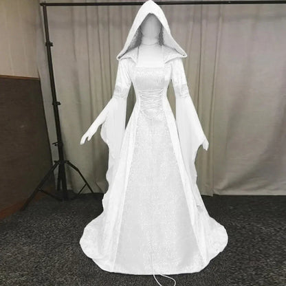 Frauen Deluxe Hexen kleid mittelalter liche Renaissance Maxi Zug Kleid Halloween Teufel heid nische Hexe Hochzeit cos Kostüm Kapuzen kleid Robe So ist Leben