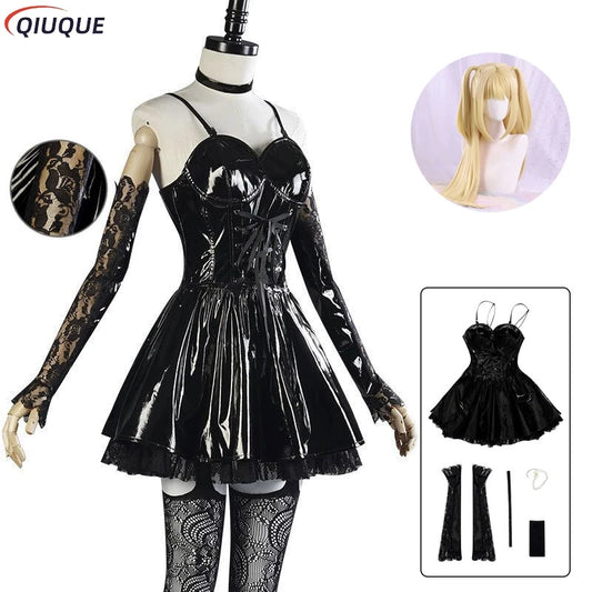 Misa Amane Cosplay Kostüm Perücke Kunstleder Sexy Kleid Halskette Spitze Ärmel Strümpfe Frauen Uniformen Anime Outfits