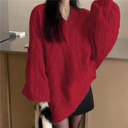 Herbst Winter Frauen Pullover Harajuku Übergroßen Gestrickte Pullover Koreanische Langarm V-ausschnitt Strickwaren Preppy Solide Lose Jumper So ist Leben