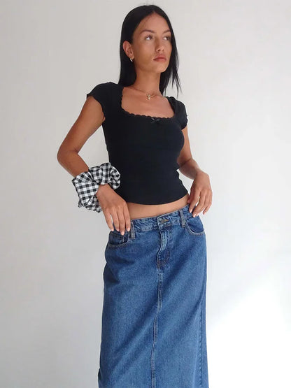 Y2k Vintage Baby T-Shirt Cottage Spitzenbesatz Gestricktes T-Shirt Sommer Square Neck Kurzarm T-Shirt Damen Weiß Milkmaid Crop Top So ist Leben