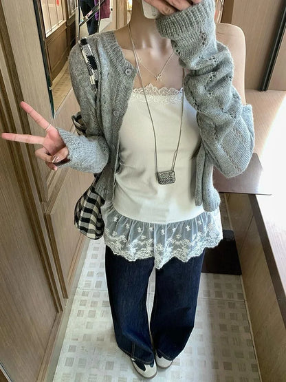 Spitzen-Unterhemd, Rüschen, Patchwork-Saum, Cami 2025, sexy Top, Damen, langes ärmelloses T-Shirt, Leibchen, Y2K, koreanische graue Baumwoll-Camis So ist Leben