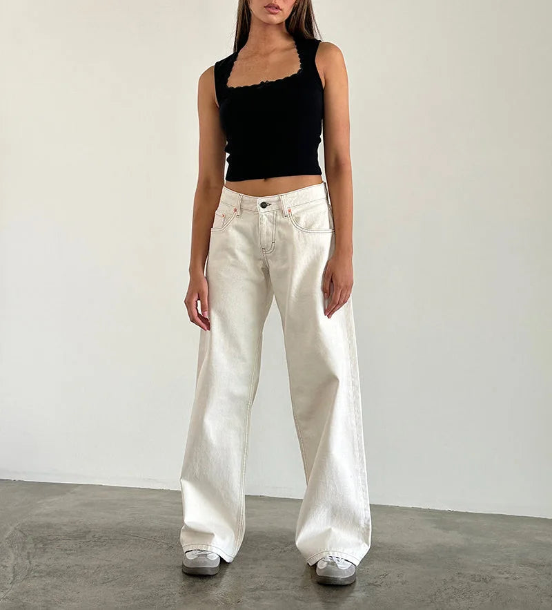 Retro Amerikanische Low-Waist Jeans ohne Stretch, Gerades Bein, Damen-Herbstmode, Weites Bein, Frischer Süßer Stil, Baumwolle So ist Leben