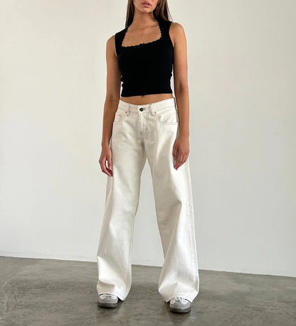 Retro Amerikanische Low-Waist Jeans ohne Stretch, Gerades Bein, Damen-Herbstmode, Weites Bein, Frischer Süßer Stil, Baumwolle So ist Leben