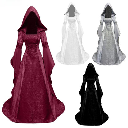 Frauen Deluxe Hexen kleid mittelalter liche Renaissance Maxi Zug Kleid Halloween Teufel heid nische Hexe Hochzeit cos Kostüm Kapuzen kleid Robe So ist Leben
