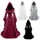 Frauen Deluxe Hexen kleid mittelalter liche Renaissance Maxi Zug Kleid Halloween Teufel heid nische Hexe Hochzeit cos Kostüm Kapuzen kleid Robe So ist Leben