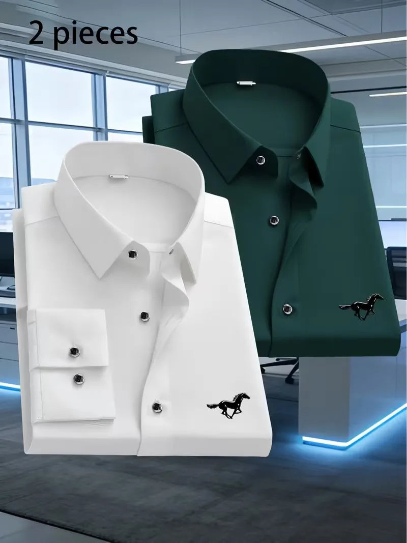 2 Stück Herren Business Casual Langarmhemden mit schwarzem Pferdemuster, Premium Business Casual Hemd, Slim Fit, Langarm, 5 Farben So ist Leben