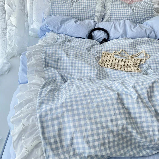 Doppelschichtige Spitzenbettwäsche im koreanischen Prinzessinnen-Stil mit Gittermuster