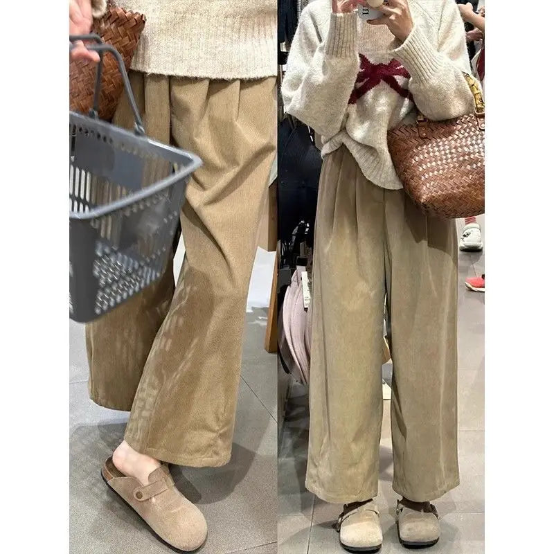 Hohe Taille Cord Hosen frauen Verdickt Fleece Herbst Winter Neue Stil Casual Lose Gerade Bein Abnehmen Breite Bein Hosen So ist Leben