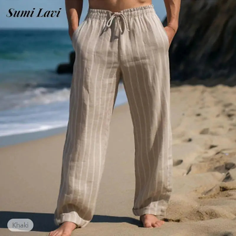 Tägliche Freizeit Herren Lose Gerade Hosen Vintage Kordelzug Gestreiften Leinen Hosen Männer Sommer Outdoor Casual Atmungsaktive Hose So ist Leben