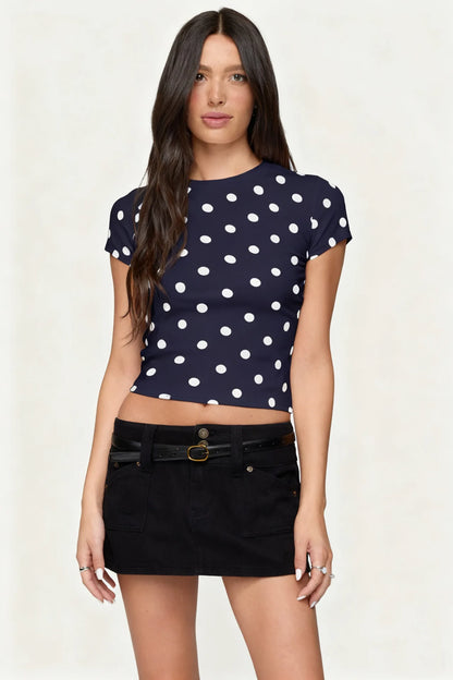 Vintage Polka Dot Kurzarm-T-Shirt für Damen, normale Passform, Rundhalsausschnitt, 2026 Sommer, neues lässiges T-Shirt, trendiges Streetwear-Crop-Top So ist Leben