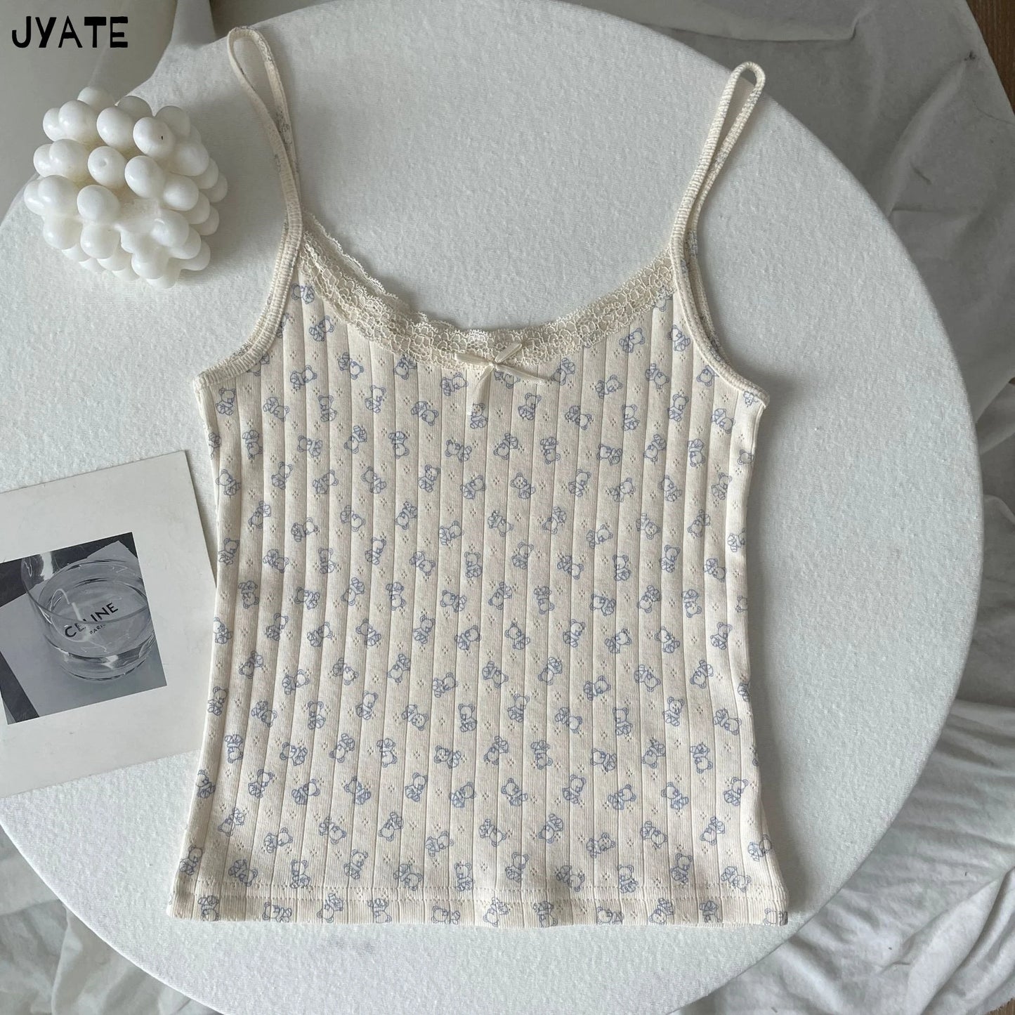 Süße Blumendruck Öse Schleife abgeschnittene Westen Frauen Baumwolle beiläufige dünne Spitzenbesatz Tank Tops Vintage Adrette süße Leibchen Y2K So ist Leben