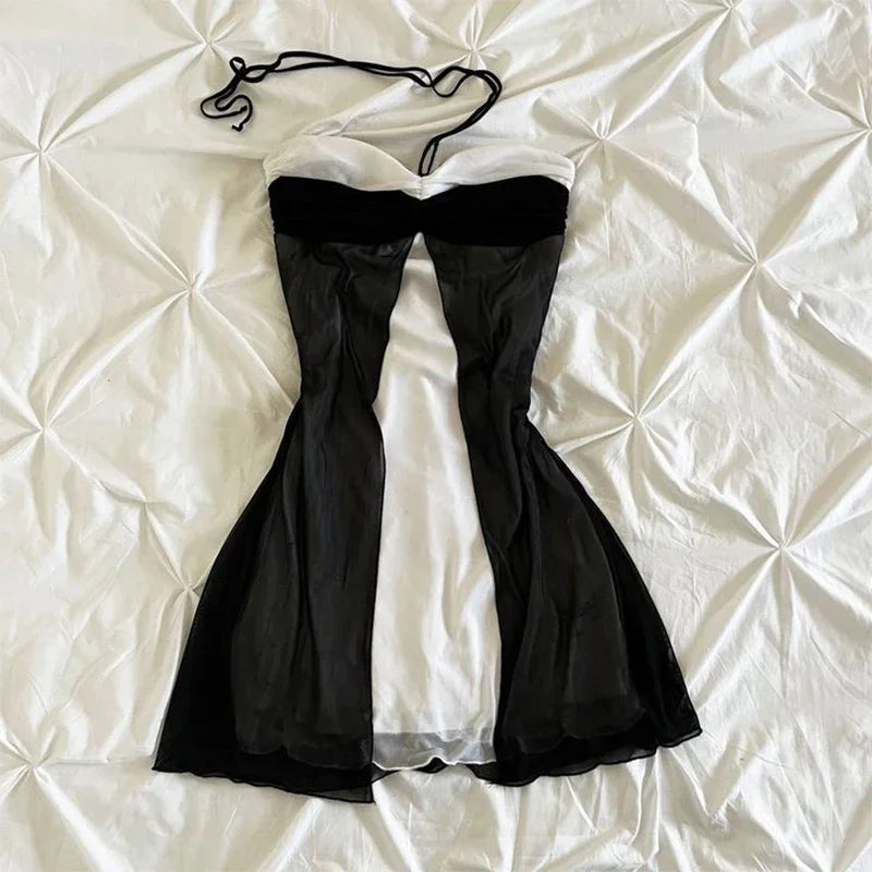 Vintage Y2K Gothic Harajuku Damen Kleid Slim Fit Casual Lace-Up Neckholder Punk Rock Emo Girl Streetwear Fashion So ist Leben