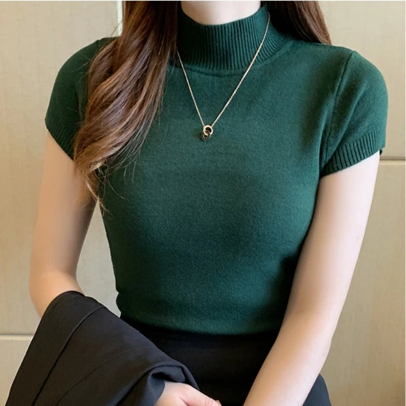 2025, mode Frau Pullover Kurzarm Herbst Tops Frauen Rollkragen Gestrickte Pullover Koreanischen Stil Elegante Feste Dünne Tops So ist Leben