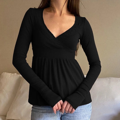 Frauen Fee Y2k Cottage T-shirt Kokette V-ausschnitt Langarm Babydoll Tees Herbst Frühling Casual Pullover Tops Vintage Kleidung So ist Leben