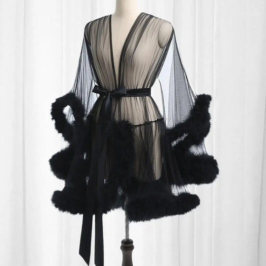 Damen-Nachthemd mit Plüschbesatz, ultradünn, durchsichtig, Netzrüschen mit verstellbarer Taille, einfarbig, Pyjama-Party-Nachtwäsche So ist Leben