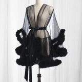 Damen-Nachthemd mit Plüschbesatz, ultradünn, durchsichtig, Netzrüschen mit verstellbarer Taille, einfarbig, Pyjama-Party-Nachtwäsche So ist Leben