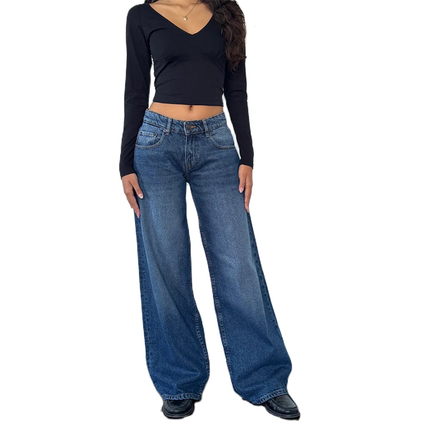 Retro Amerikanische Low-Waist Jeans ohne Stretch, Gerades Bein, Damen-Herbstmode, Weites Bein, Frischer Süßer Stil, Baumwolle So ist Leben