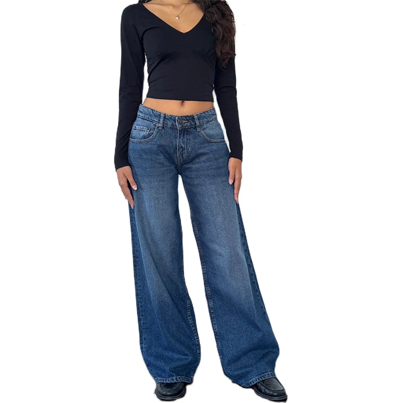 Retro Amerikanische Low-Waist Jeans ohne Stretch, Gerades Bein, Damen-Herbstmode, Weites Bein, Frischer Süßer Stil, Baumwolle So ist Leben