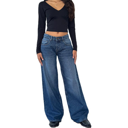 Retro Amerikanische Low-Waist Jeans ohne Stretch, Gerades Bein, Damen-Herbstmode, Weites Bein, Frischer Süßer Stil, Baumwolle So ist Leben
