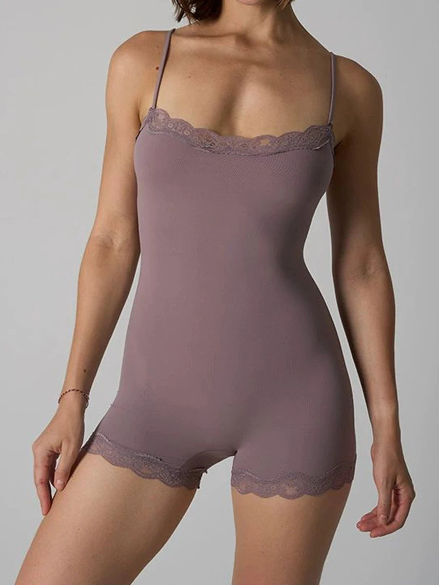 Spitze Trim Schlank Playsuits Frau Hohe Elastizität Verstellbaren Riemen Dünne Body Solide Mode Streetwear Glatte einteiliges Tops So ist Leben