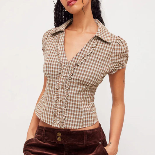 Hirigin Damen Trendy Kariertes Hemd Sommer Kurzarm Revers Rüschenbesatz Button-Down-Tops Preppy Coquette Ästhetische Street Tops So ist Leben
