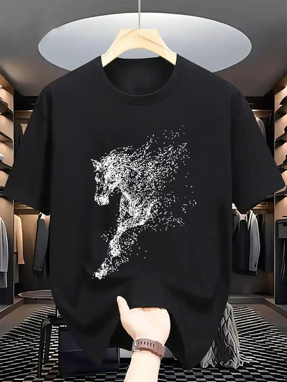 Abstrakter Partikel-Pferdesilhouetten-Druck auf hochwertigem, weichem Herren-T-Shirt aus 100 % Baumwolle, perfekt für Sommer-Streetwear und lässigen Stil So ist Leben