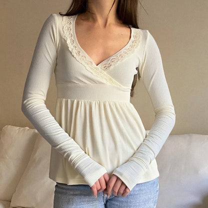 Frauen Fee Y2k Cottage T-shirt Kokette V-ausschnitt Langarm Babydoll Tees Herbst Frühling Casual Pullover Tops Vintage Kleidung So ist Leben