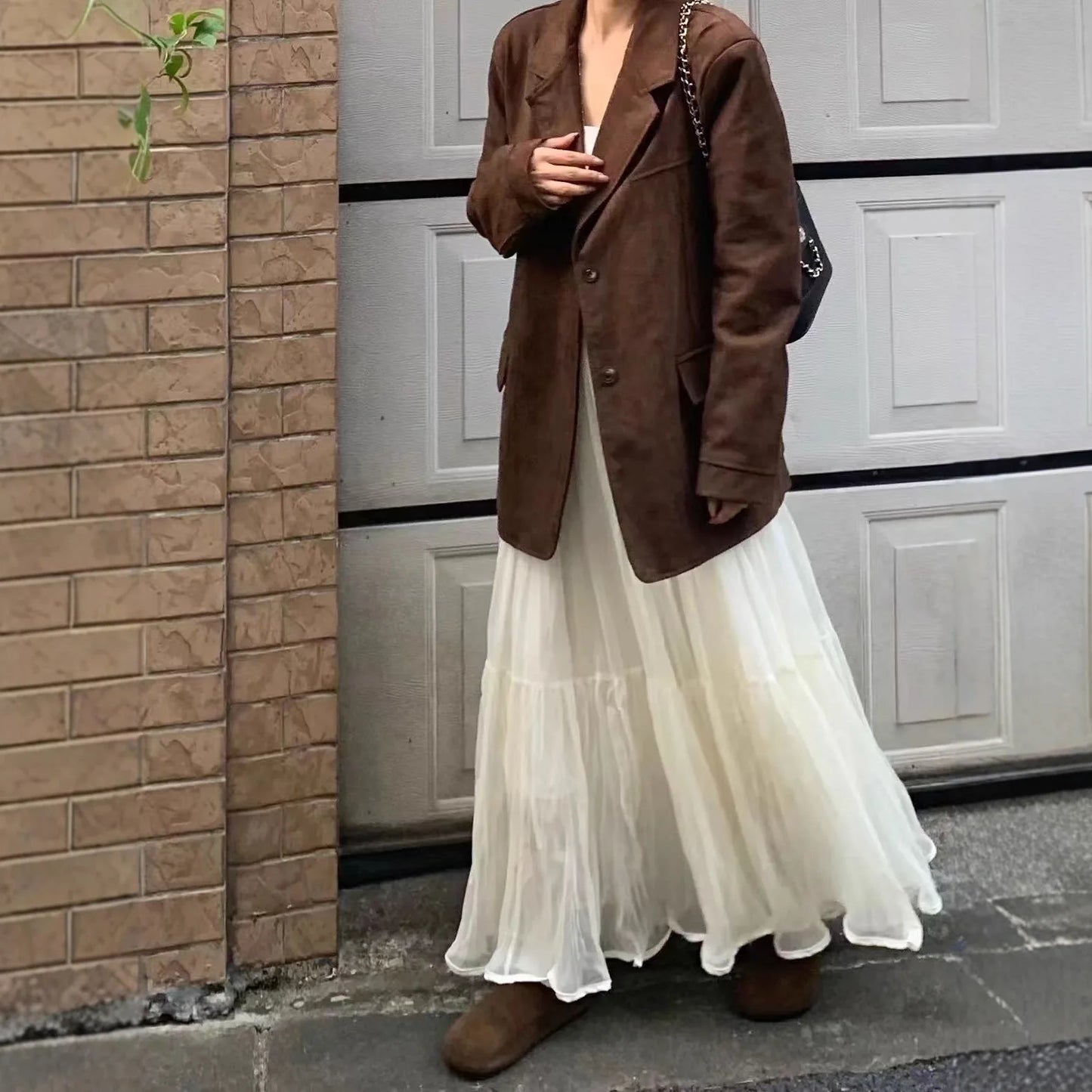 Dunkelbraune Damen-Anzugjacke aus Wildleder, amerikanischer Retro-Stil, lässige Mode, gestricktes Polyester, mittelverdickter Langarmmantel So ist Leben