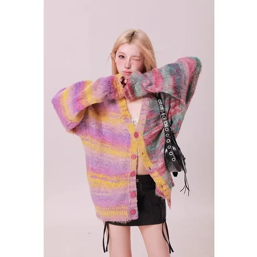Rainbow Garden Lazy Style Strickjacke, gemischte Fasern, lockere Passform, besticktes Design, lässige koreanische Mode, Damenpullover So ist Leben