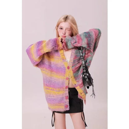 Rainbow Garden Lazy Style Strickjacke, gemischte Fasern, lockere Passform, besticktes Design, lässige koreanische Mode, Damenpullover So ist Leben