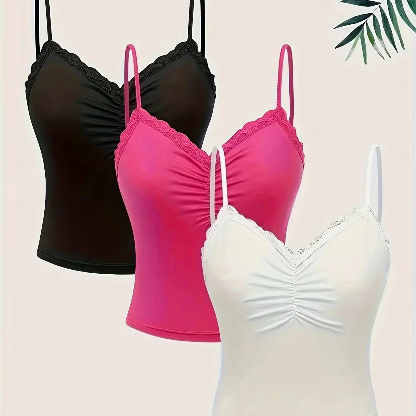 3-teiliges Damen-Set: Elegantes Cami-Top mit Spitzenbesatz, V-Ausschnitt, geraffter Vorderseite, Spaghettiträgern, schmal geschnitten, einfarbig, weich, dehnbar, Basic-Camisole So ist Leben