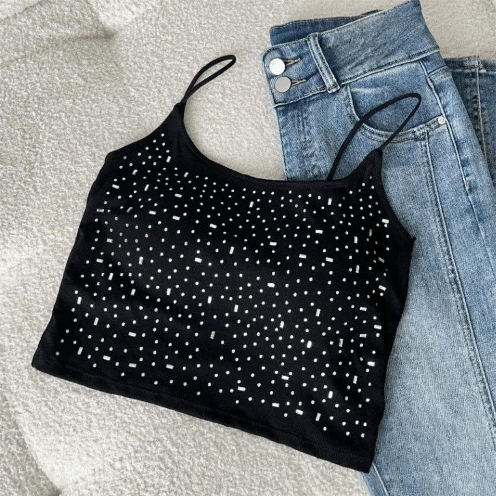 Baumwoll-Diamant-Verzierte Weste mit Gepolsterten Cups, Hochelastisches Pailletten-Camisole, Figurformende Einfarbige Weste, Party-Blusen So ist Leben