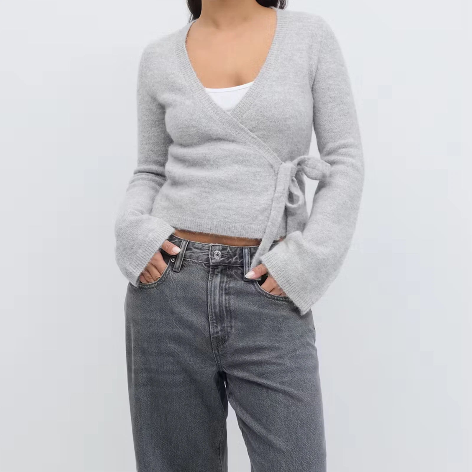 Frauen Krawatte Vorne Wrap Strickjacke Tops Y2K Einfarbig V-ausschnitt Langarm Crop Knit Pullover Casual Winter Herbst Kleidung So ist Leben