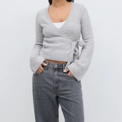 Frauen Krawatte Vorne Wrap Strickjacke Tops Y2K Einfarbig V-ausschnitt Langarm Crop Knit Pullover Casual Winter Herbst Kleidung So ist Leben