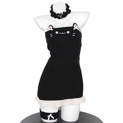 Japanische Maid Bow Plüschanzug Sexy Anime Cartoon Niedliche schwarze Katze Plüschkleid Uniform Plüsch Schatz Katze Mädchen Minikleid Cosplay So ist Leben